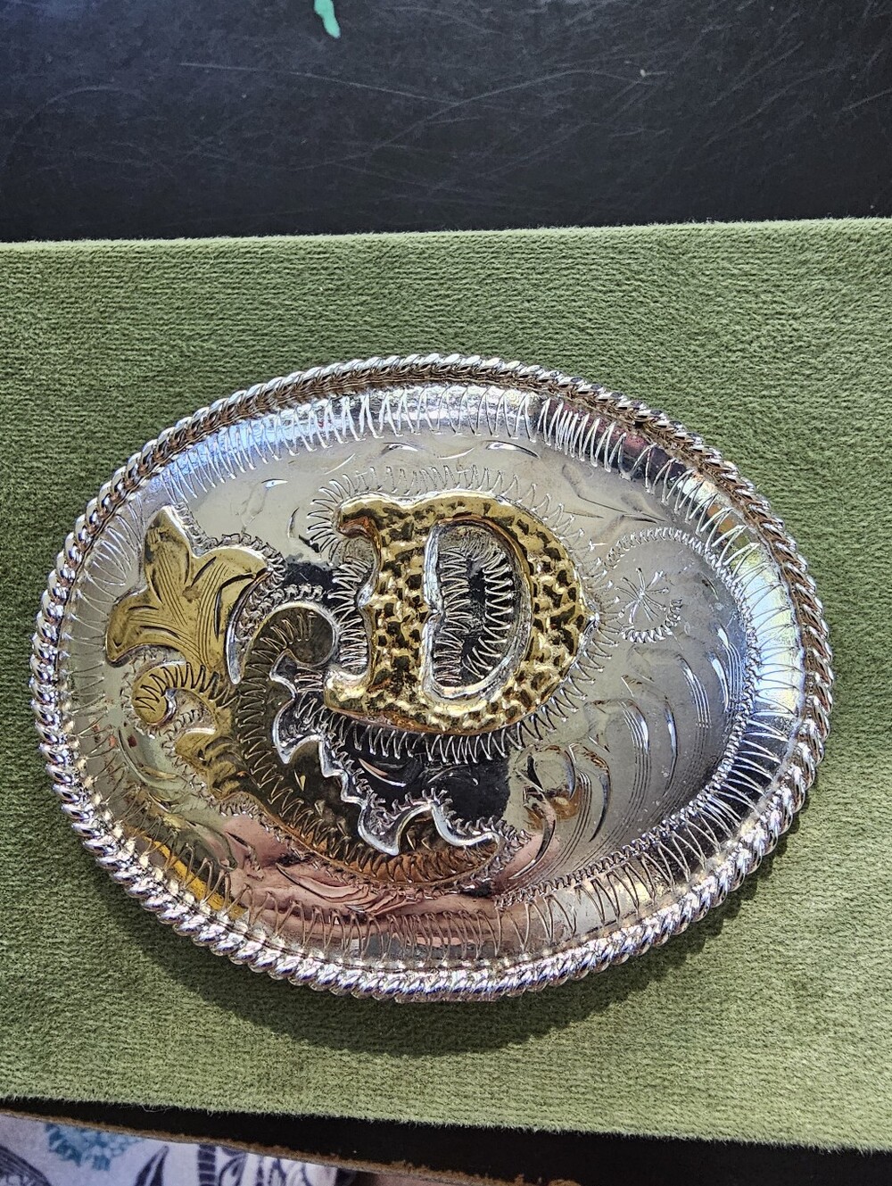 Vintage Inital D alpaca Mexico Silver Belt Buckle